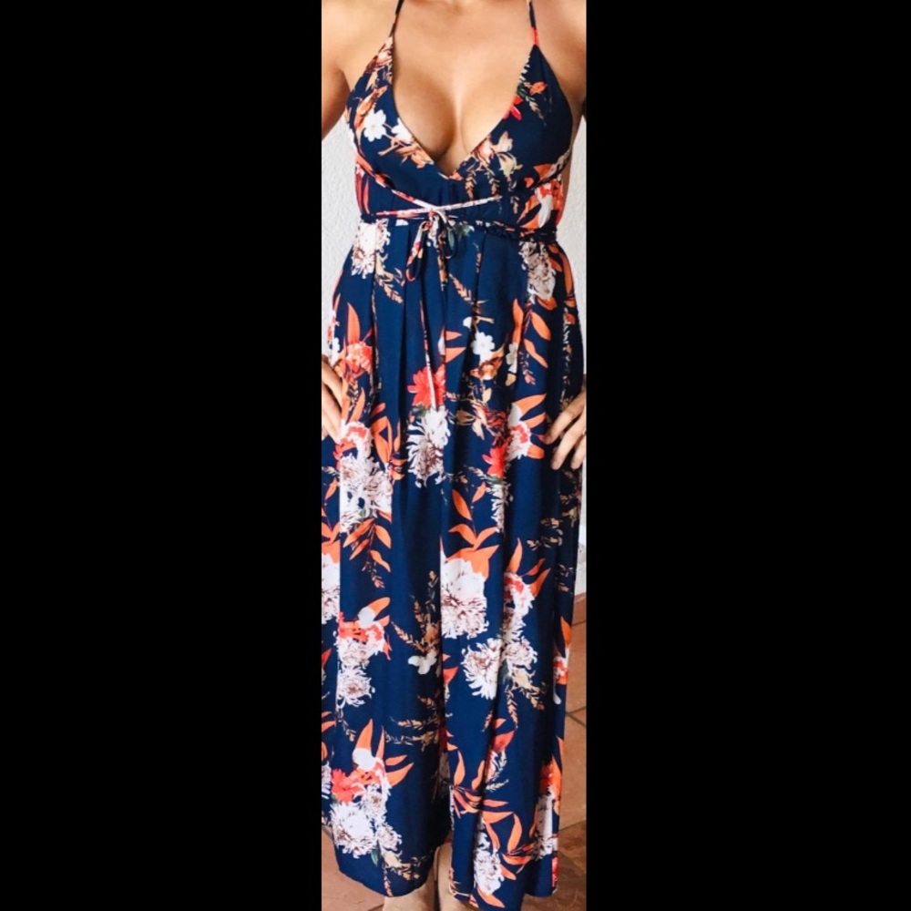 Backless Floral Maxi Dress - Navy & Orange